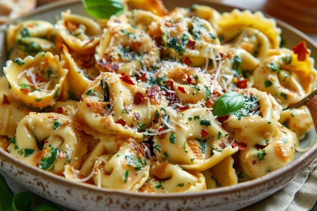 Tortellini w kremowym sosie ze szpinakiem i suszonymi pomidorami featured