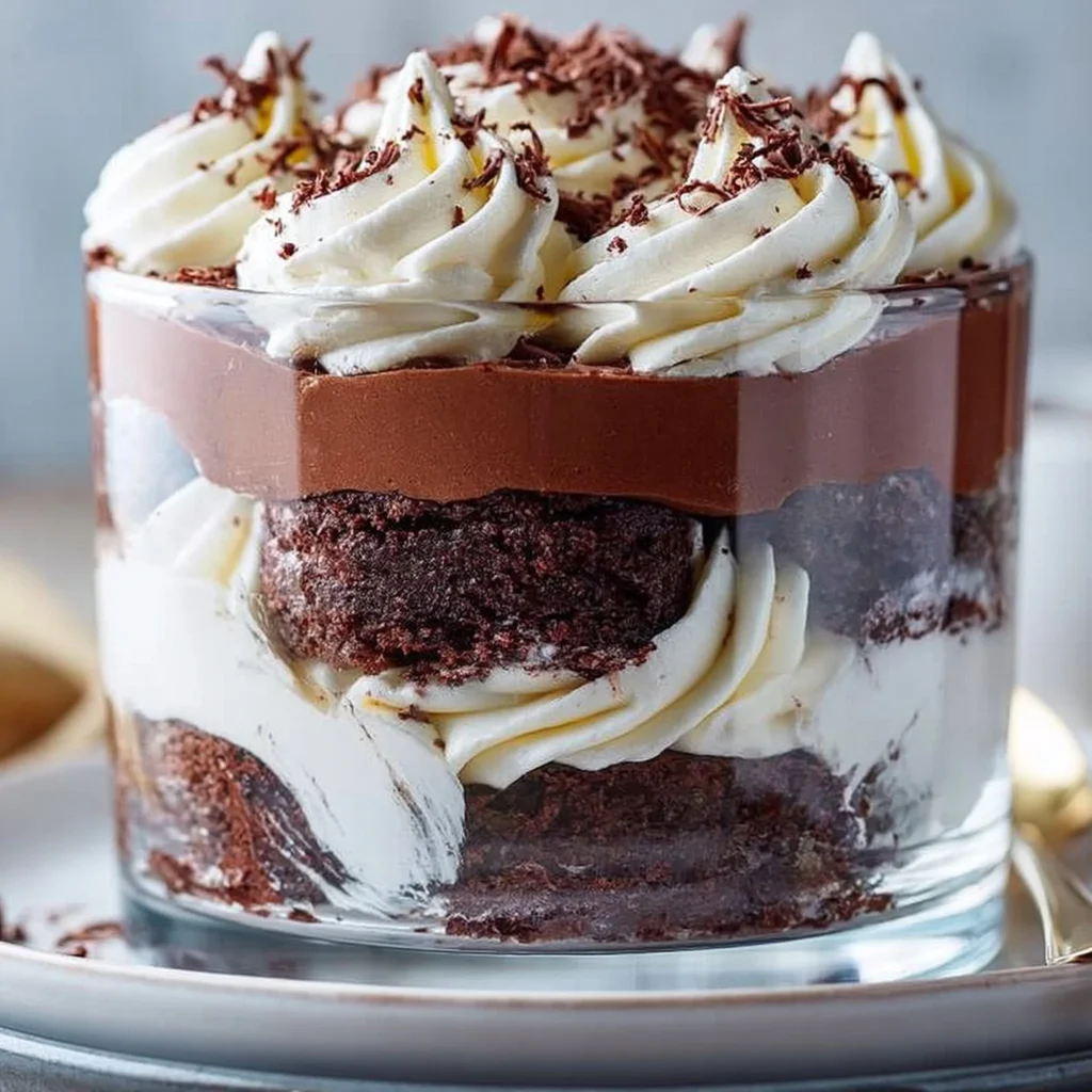 Pyszny brownie trifle z warstwami ciasta i kremu