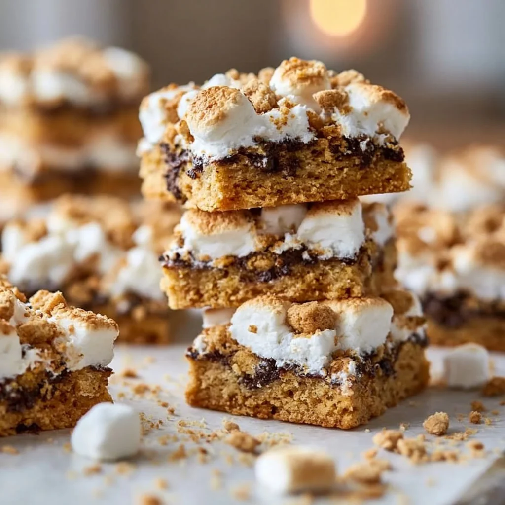 Ciasteczka S'mores w formie batonów z czekoladą i pianką.
