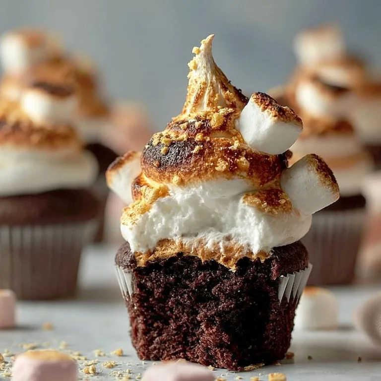 Domowe babeczki S'mores z czekoladą, piankami marshmallow i kruchym spody.