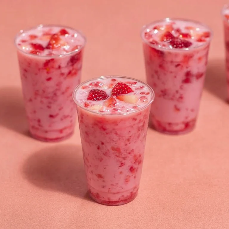 Domowy różowy napój w szklance z owocami i lodem