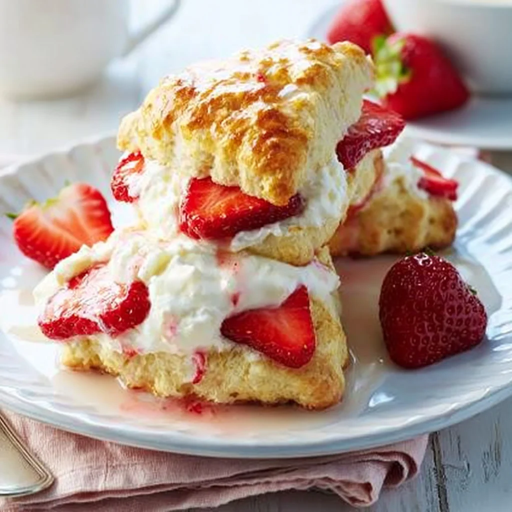 Pyszne scones z truskawkami i śmietaną na talerzu