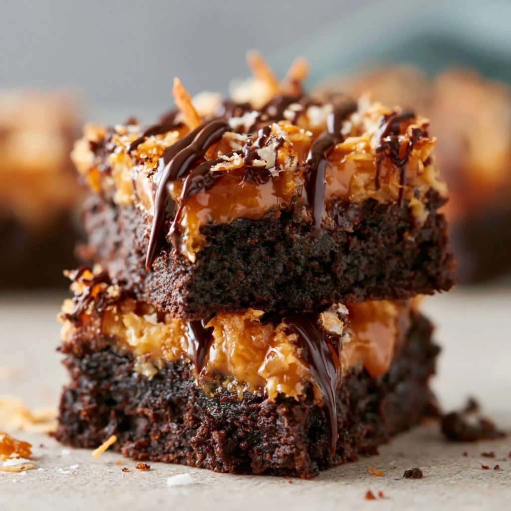 Pyszne Brownie Samoa z czekoladą, kokosowym wiórkami i karmelowym polewem.