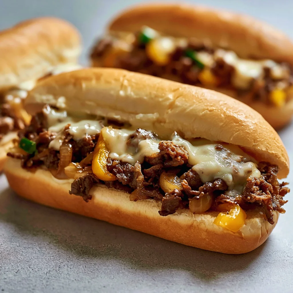 Cheesesteak z serem i cebulą na talerzu, klasyczna amerykańska kanapka