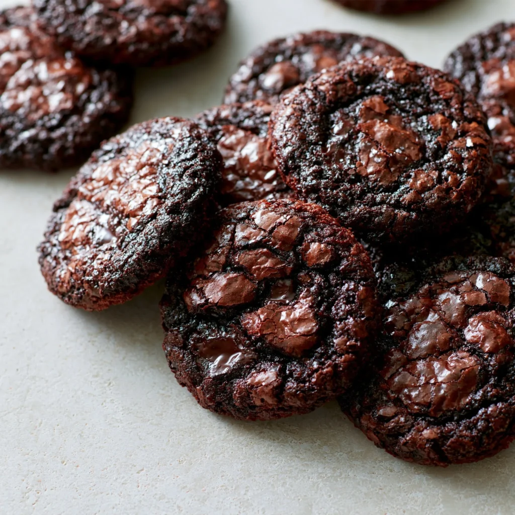 Ciasteczka czekoladowe brownie na talerzu z kawałkami czekolady