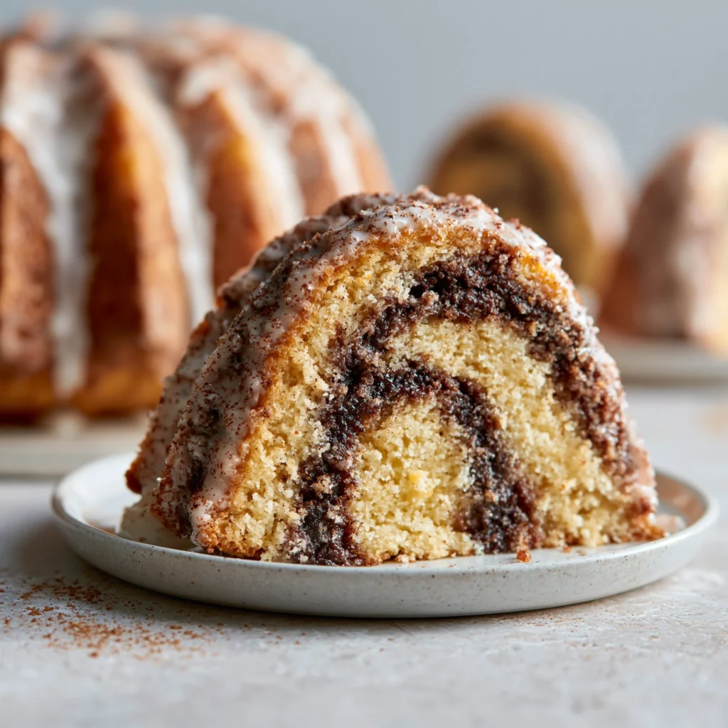 Cynamonowy Bundt Cake na stole, ozdobiony lukrem i orzechami.