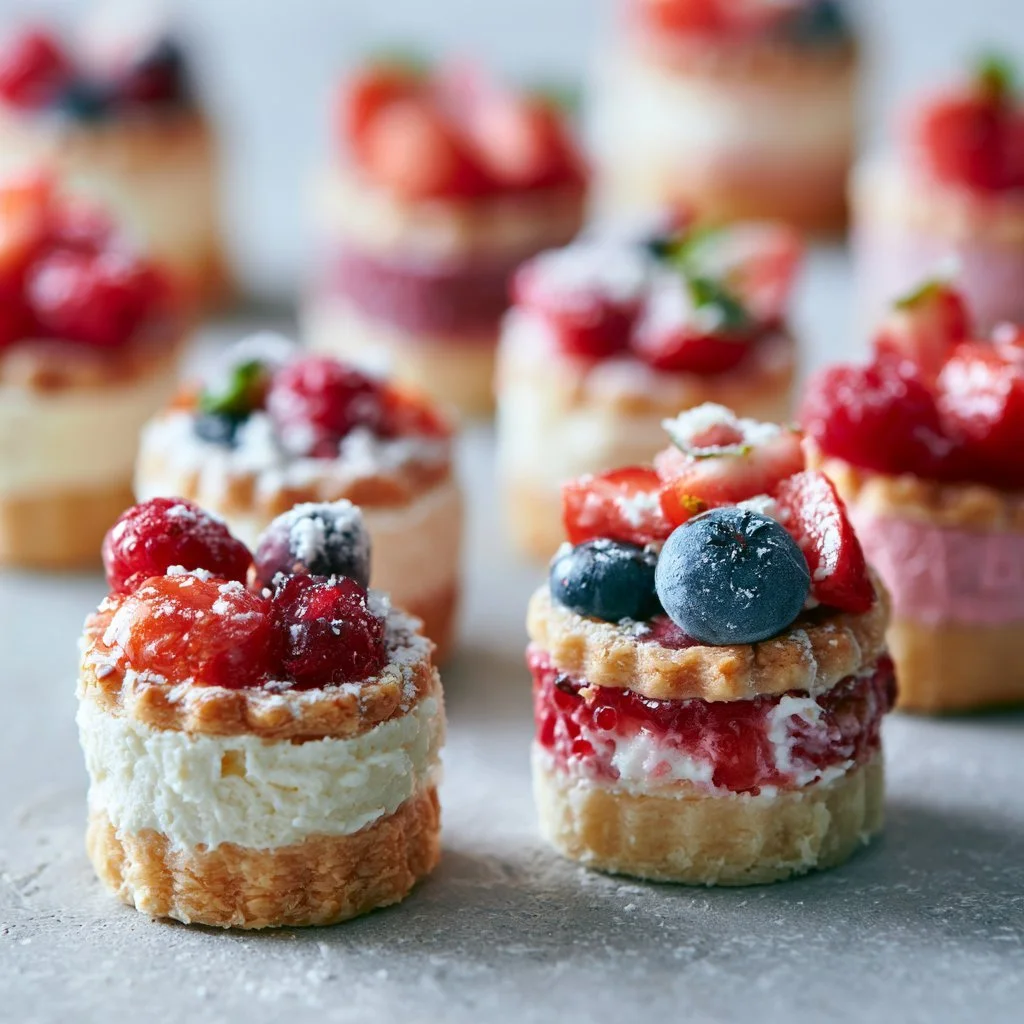 Słodkie mini ciasta w różnych smakach na talerzu