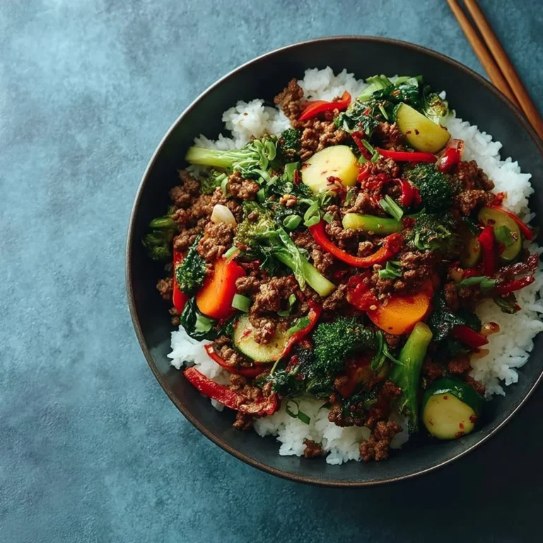 Szybki stir-fry z mieloną wołowiną na talerzu