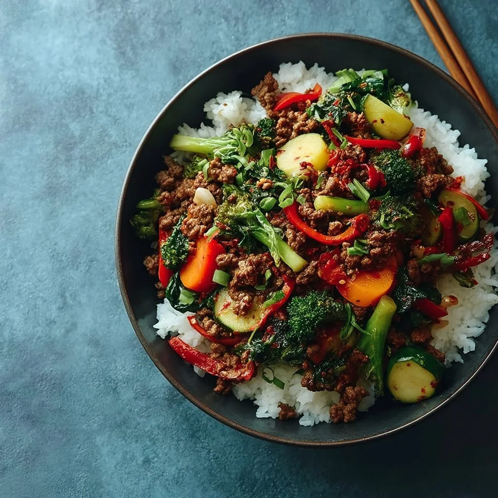 Szybki stir-fry z mieloną wołowiną na talerzu