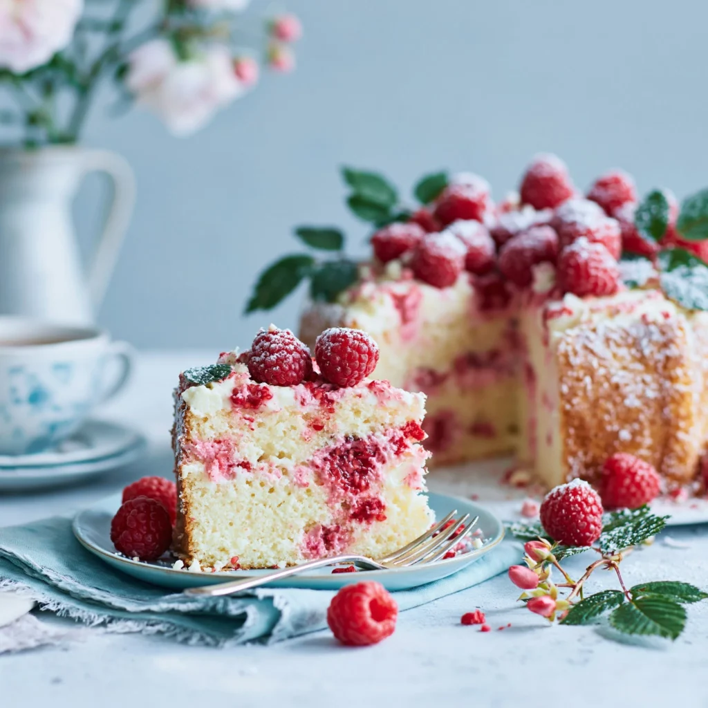 Tort malinowy z dodatkiem białej czekolady na eleganckim talerzu