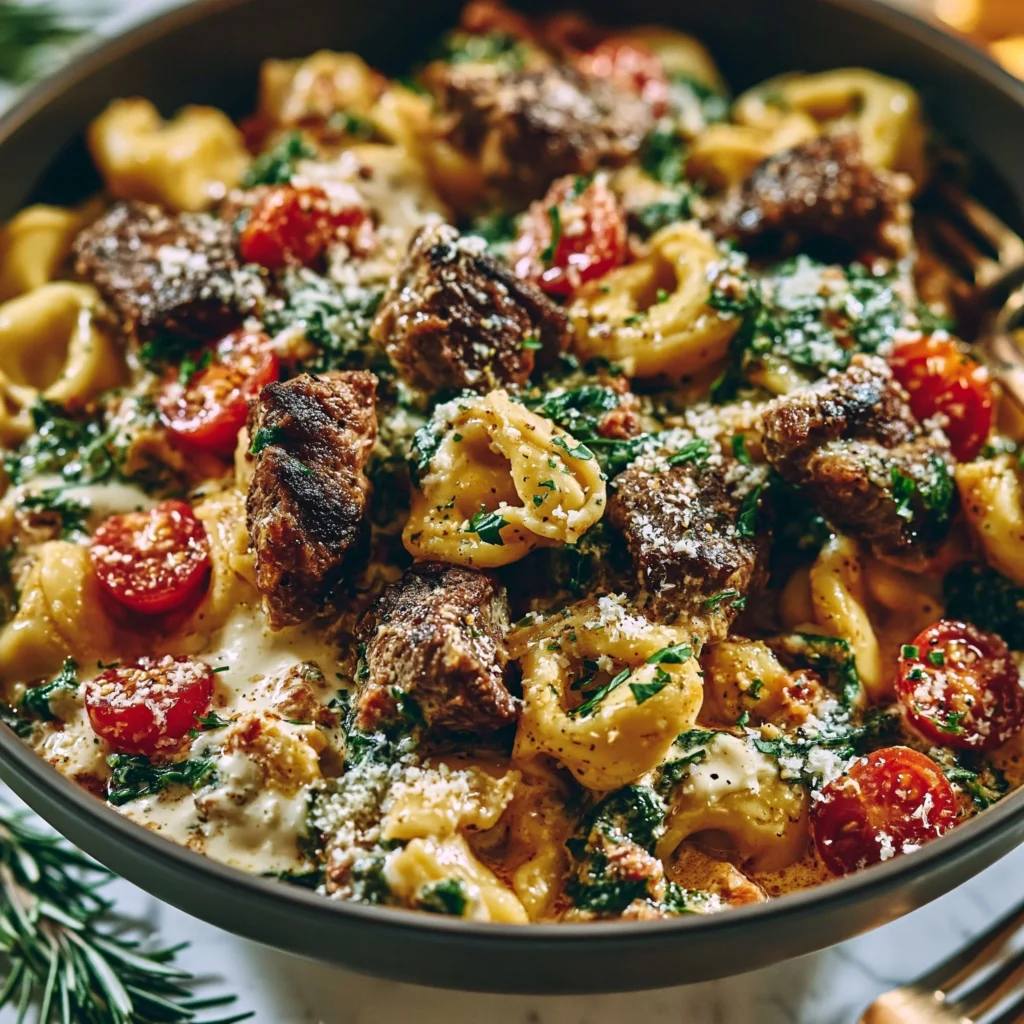 Tortellini w kremowym sosie z tuskańskim szpinakiem i kawałkami steka na talerzu
