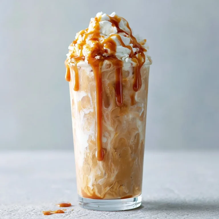 Napój Frappe Karmelowy w szklance z bitą śmietaną i sosem karmelowym